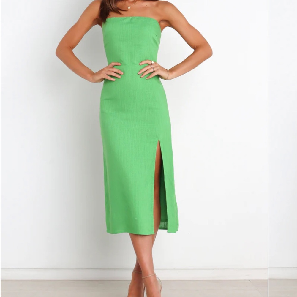 Petal & Pup Strapless Lime Green Midi Dress with Side Slit